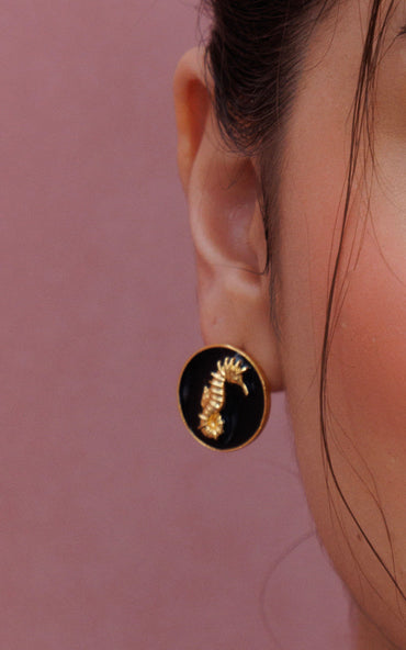 Obsidian Seahorse Earring