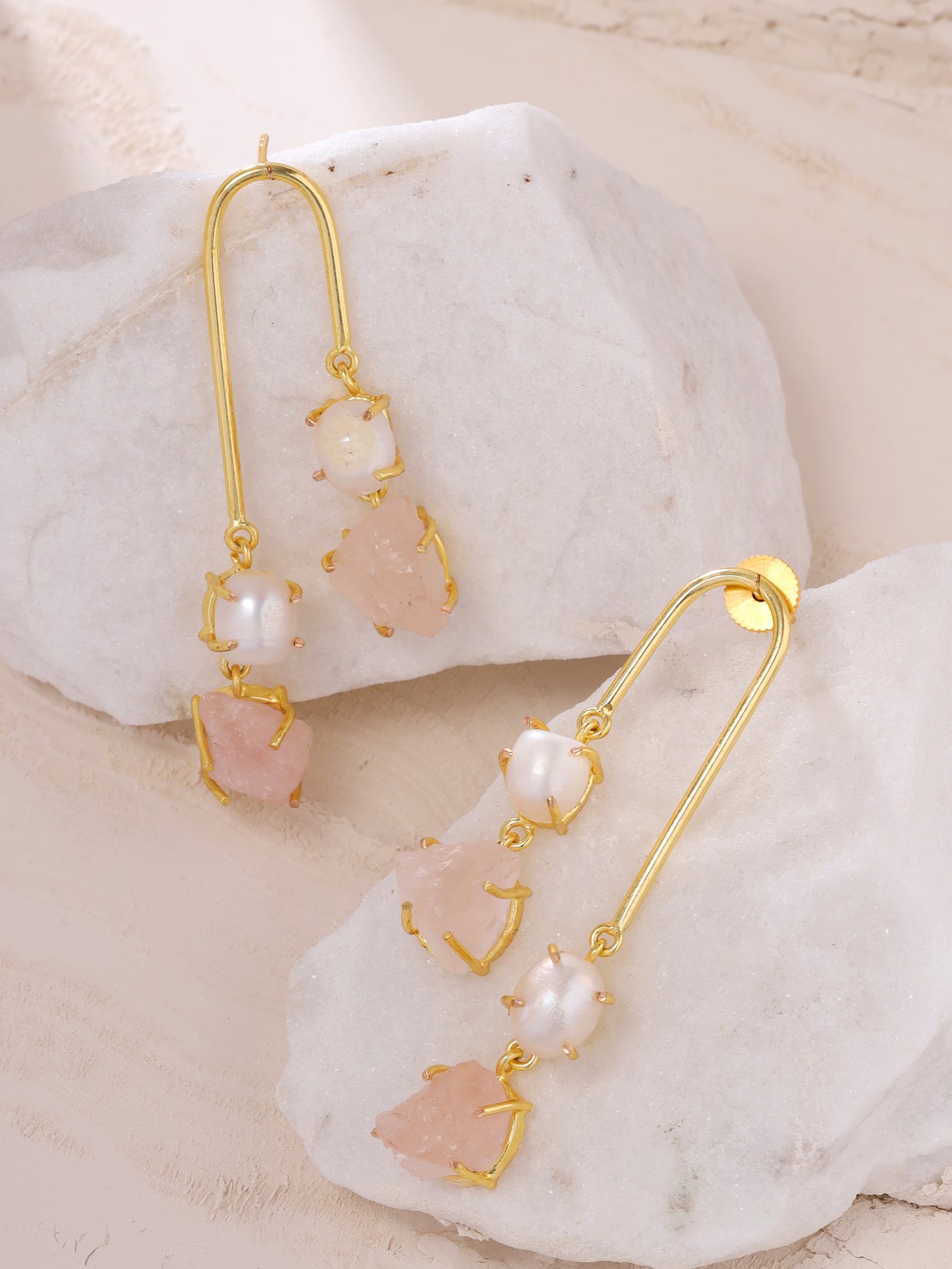 Pearl and Rose Quartz U Shaped Earrings